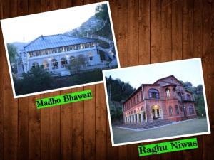 two pictures of a building on a wooden table at Raghu Vilas in Mussoorie