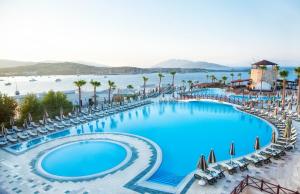 une vue aérienne d'une grande piscine avec des chaises et des palmiers dans l'établissement Selectum Colours Bodrum, à Gumbet