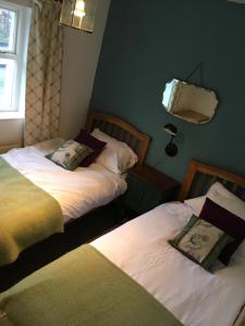 1 dormitorio con 2 camas y espejo en la pared en The Mews, Talley, en Llandeilo