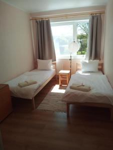 two beds in a room with a window at Mosina Vesiveski in Vissi