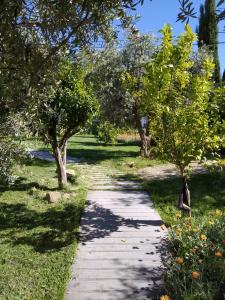 una pasarela en un parque con árboles y césped en Casa da Paleta, en Castelo de Vide