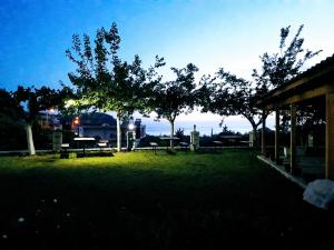 a park with picnic tables and trees at night at Agrotourism Himara in Himare