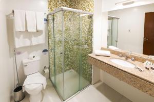 a bathroom with a shower and a toilet and a sink at Tryp by Wyndham Varginha Cafe Royal in Varginha