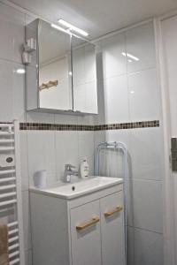 un bagno bianco con lavandino e doccia di Appartement Dunkerque Centre a Dunkerque