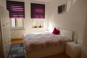 1 Schlafzimmer mit einem Bett mit roten Kissen und 2 Fenstern in der Unterkunft Spatzennest in Wernigerode