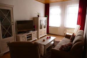 - un salon avec un canapé et une télévision dans l'établissement Spatzennest, à Wernigerode