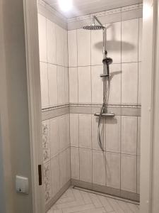 哈普薩盧的住宿－Lahe 9 - apartement in Haapsalu Old Town，浴室铺有白色瓷砖,设有淋浴。