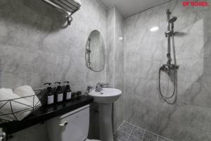 a bathroom with a sink and a shower at Sinchon Sisters Hostel in Seoul