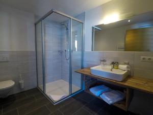 uma casa de banho com um chuveiro, um lavatório e um WC. em Collina Hotel Garni em Nauders