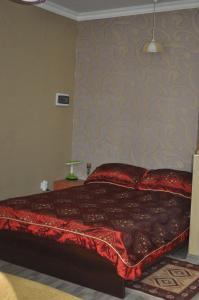 Un dormitorio con una cama con un edredón rojo. en Zhenis street, en Astana