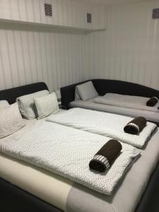 dos camas sentadas una al lado de la otra en una habitación en Varkerulet Apartman, en Sárvár