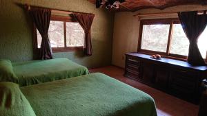 een slaapkamer met 2 bedden en 2 ramen bij Cabañas Tapalpa Sierra del Tecuan, Cabaña Coyote in Tapalpa