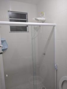 La salle de bains blanche est pourvue d'une douche et de toilettes. dans l'établissement Hospedagem Conservatoria-Suites, à Conservatória