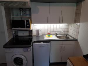 Il comprend une petite cuisine équipée d'un lave-linge et d'un four micro-ondes. dans l'établissement Marina Apartment, à La Forêt-Fouesnant