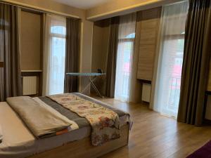 a bedroom with a bed in a room with windows at Lilika Apartments on Meskhishvili in Tbilisi City