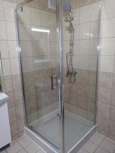 La salle de bains est pourvue d'une douche avec une porte en verre. dans l'établissement Mieszkanie Krukowska, à Sandomierz