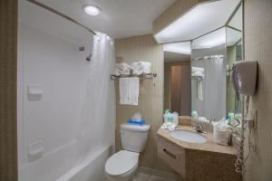 a bathroom with a toilet, sink, and shower at Stadium Hotel in Miami Gardens
