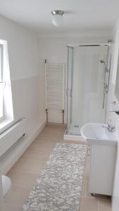 a white bathroom with a shower and a sink at Kreide & Meer in Sassnitz