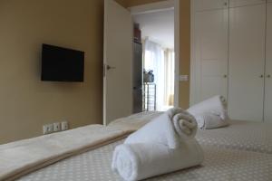 a hotel room with two beds with towels on them at HolidaynorthTenerife Exotic Apartament in Los Realejos