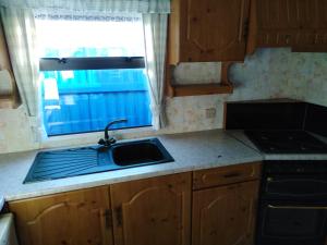 a kitchen with a sink and a stove and a window at Vinařský mobilheim in Vrbovec