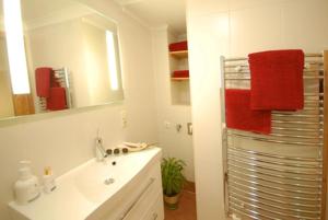 ein Bad mit einem Waschbecken und einem roten Handtuch in der Unterkunft Triglerschlössl Appartements in Rauris
