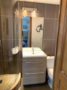 bagno con doccia, lavandino e servizi igienici di JunoGîte - Résidence a Bernières-sur-Mer