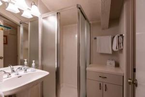 a bathroom with a shower and a sink and a shower at Vorlaufer Steps to Vail Village in Vail +12 photos