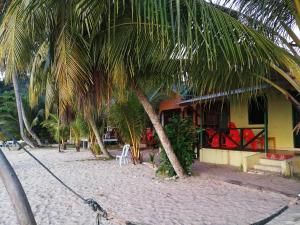 a resort with palm trees on a sandy beach at Rainbow Tioman Cottage in Kampong Juara