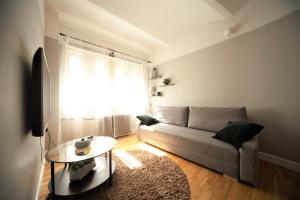 een woonkamer met een bank en een tafel bij Valnu street Old Town - quiet area in Rīga