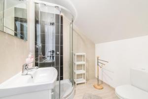 a bathroom with a shower and a sink and a toilet at Willa Arkadia w Pucku in Puck +29 photos
