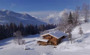ein Blockhaus im Schnee auf einem Berg in der Unterkunft Superior Chalet Brandleit in Hart im Zillertal