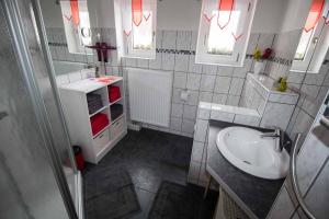 a bathroom with a sink and a toilet and windows at Ferienwohnung Hopfinger in Hohenau