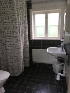 a bathroom with a sink and a toilet and a window at Vadstena Vandrarhem-Hostel in Vadstena