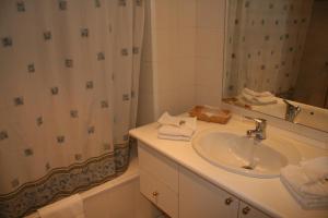 a bathroom with a sink and a shower curtain at Hotel Sucara in Ordino