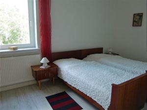 1 dormitorio con cama y ventana en Ferienwohnung A0, en Klocksin