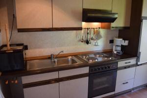una cocina con fregadero y estufa en Holiday park- Robinson, en Waldbrunn 14 fotos más