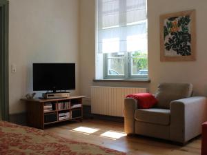 a living room with a chair and a television at Lush Apartment in Steffenshagen with Garden in Steffenshagen