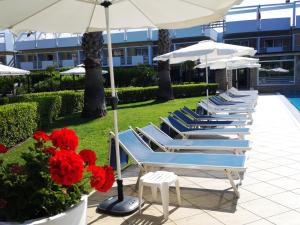 een rij ligstoelen met parasols en rode bloemen bij Albergo Mediterraneo in Terracina