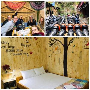 a collage of three pictures of a room with a motorcycle at Green Hill Hostel & Tour in Ha Giang