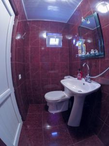 a red tiled bathroom with a toilet and a sink at Galavani in Tbilisi City
