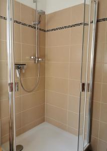 une douche avec une porte vitrée dans une salle de bain dans l'établissement Alter Erker, à Fehmarn