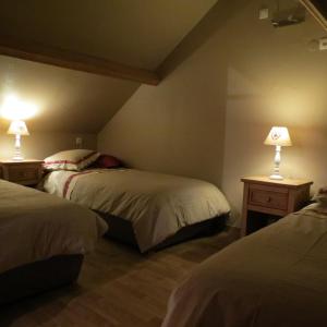 - une chambre avec 2 lits et 2 lampes sur les tables dans l'établissement Le Chalet, à Bouchoir