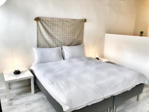 a bedroom with a bed with a headboard and two tables at Al Belenzani Appartamento in Trento