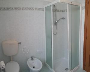 a bathroom with a shower and a toilet and a sink at Casa della Nonna 2 in Gargnano