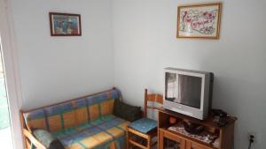 a living room with a couch and a tv at Big apartment near Olympus mountain in Litochoro
