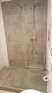 um chuveiro com uma porta de vidro na casa de banho em Ferienhaus an der Sesselbahn em Cochem