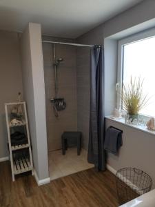 uma casa de banho com chuveiro e cortina de chuveiro em Ferienhus Waterkant em Tönning