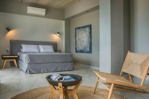 a bedroom with a bed and a chair and a table at Villa Begonia in Skala