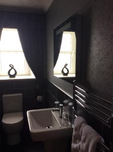 a bathroom with a sink and a toilet and two windows at The Clachan B&B in Wick
