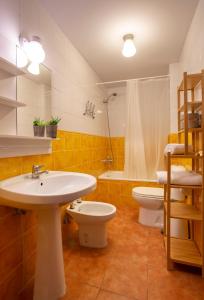 a bathroom with a sink and a toilet and a shower at Apartamento Bed&Center 2A in Lugo